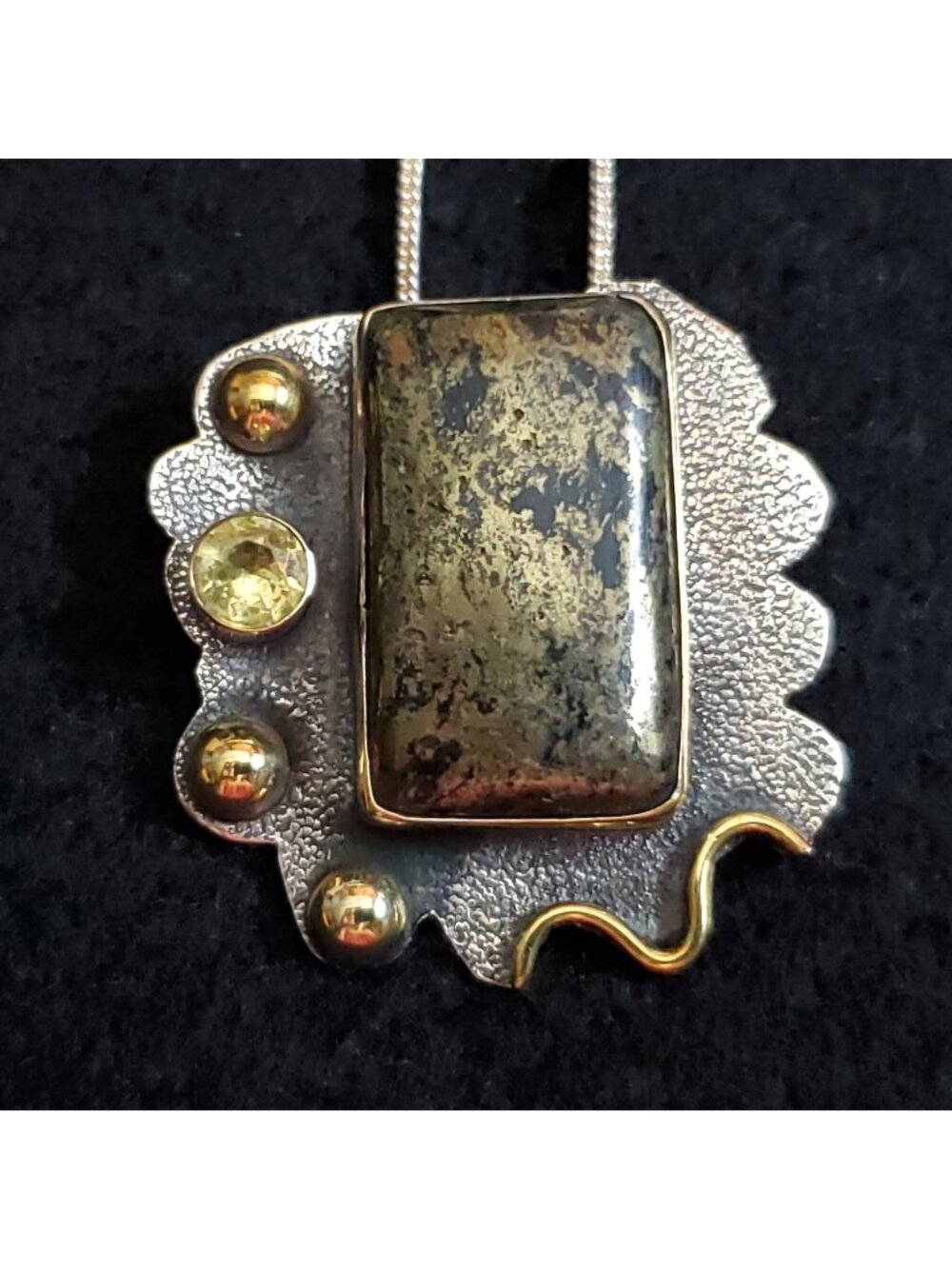 Artisan Sterling Silver Pendant Necklace Black Gold Pyrite Asymmetrical 1.5"